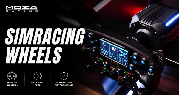 MOZA Racing sim racing wheels with Direct Drive wheelbase and Formula steering wheel with display