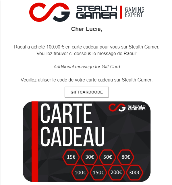Carte Cadeau Stealth Gamer pour accessoires PS4 XBOX PC